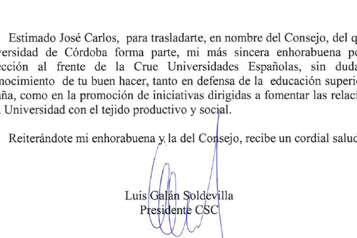 El Presidente, en nombre del Consejo Social de la Ciudad, felicita al Rector de la Universidad de Córdoba por su reelección al frente de la CRUE (Confederación de Rectores de Universidades Españolas)