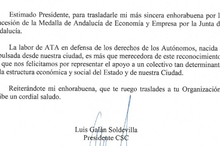 El Consejo Social de la Ciudad, a través de su Presidente, felicita al Presidente de ATA por la medalla de Andalucía de Economía y Empresas concedida dentro de los actos del día de Andalucía