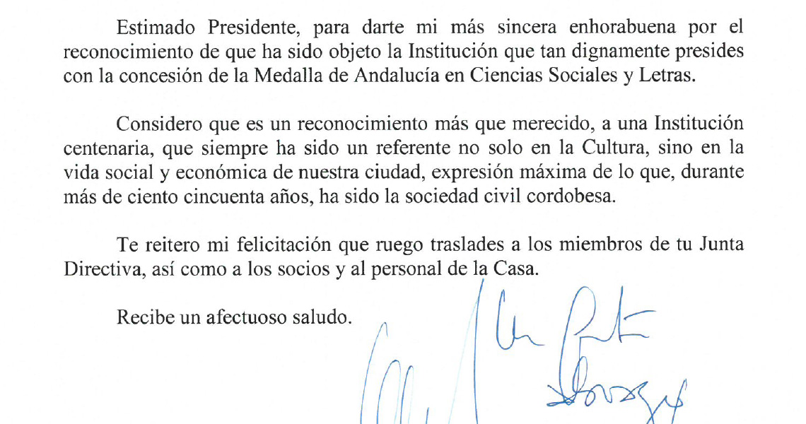 El Consejo Social de la Ciudad, a través de su Presidente, felicita al Real Círculo de la Amistad por la medalla de Andalucía en Ciencias Sociales y Letras concedida dentro de los actos del día de Andalucía