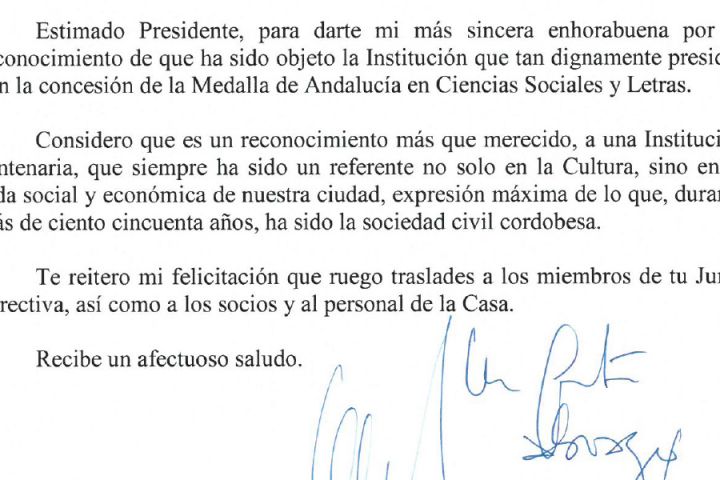 El Consejo Social de la Ciudad, a través de su Presidente, felicita al Real Círculo de la Amistad por la medalla de Andalucía en Ciencias Sociales y Letras concedida dentro de los actos del día de Andalucía