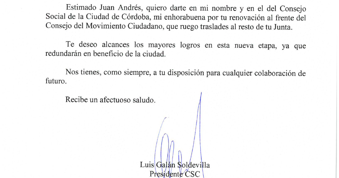 El Consejo Social felicita a la nueva directiva del Consejo del Movimiento Ciudadano y a su presidente y antiguo Consejero de este Consejo, D. Juan Andrés de Gracia Cobos